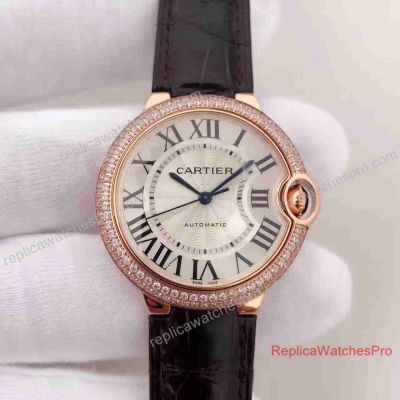 Replica Ballon Bleu De Cartier Watch Rose Gold Diamond Black Leather